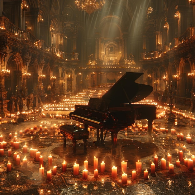 Photo serene beauty a grand piano amidst candlelit elegance in a dimly lit concert hall