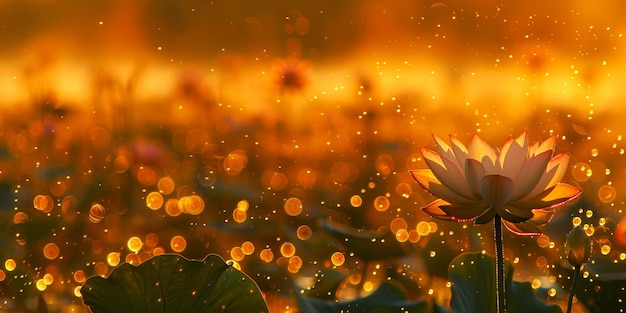 The serene beauty of a lotus pond at sunrise with delicate flowers basking in the golden glow of the morning and water droplets shimmering like jewels