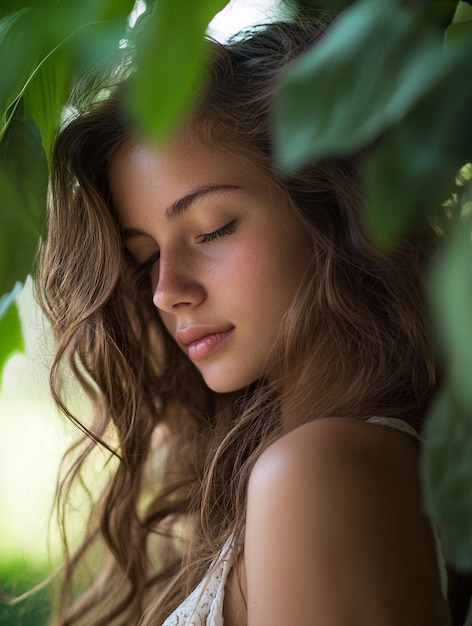 Serene Beauty in Nature Portrait of a Young Woman Surrounded by Greenery