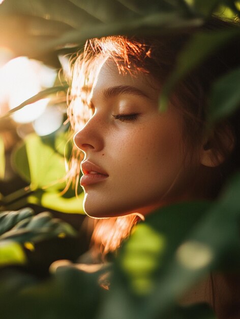 Photo serene beauty in nature portrait of a young woman surrounded by lush greenery