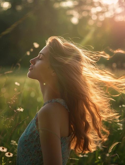 Serene Beauty in Nature Woman with Flowing Hair in Sunlit Field