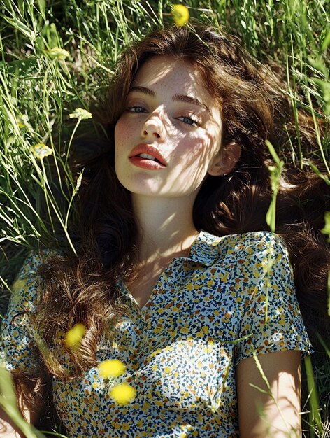 Serene Beauty in Nature Young Woman Relaxing in Wildflowers