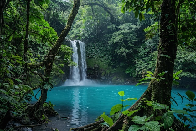 Serene Beauty of Rio Celeste Waterfall and Blue Pond in Tenorio Volcano National Park Costa Rica