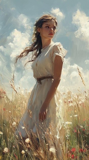 Serene Beauty in a Sunlit Meadow Ethereal Woman in Flowing Dress Amidst Wildflowers