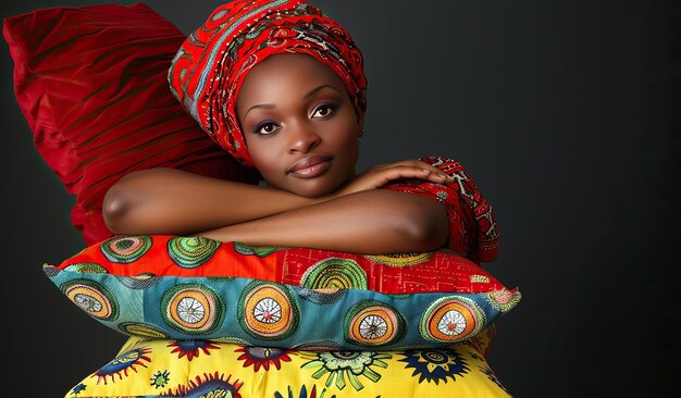 Serene beauty in traditional African headwrap and vibrant attire