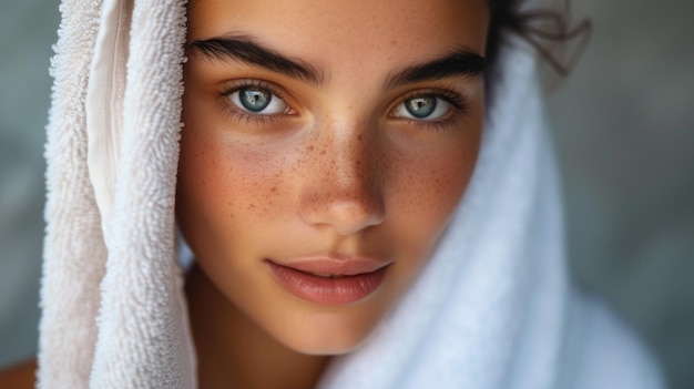 Serene Beauty with Piercing Blue Eyes and Towel Turban