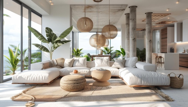 Serene Bedroom Interior with Natural Sunlight and Woven Decor