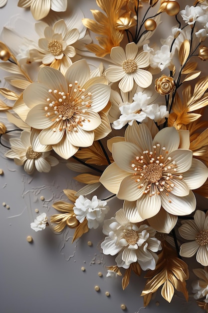 Serene beige textured background with gold swirl and white flower border AI generative