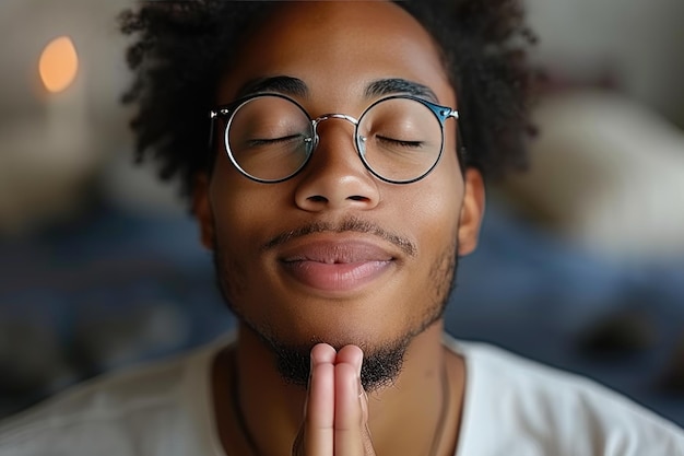 Serene Black Man with Glasses Practicing Yoga and Meditation