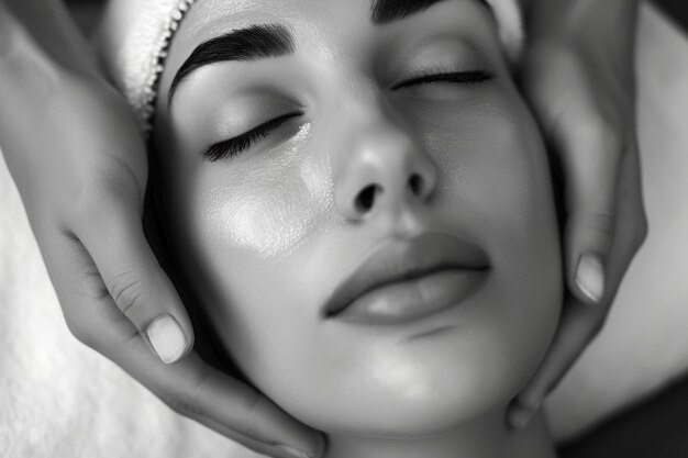 Serene black white facial skincare organic beauty rejuvenation and wellness in a captivating monochrome snapshot of timeless selfcare purity ofa clear healthy complexion