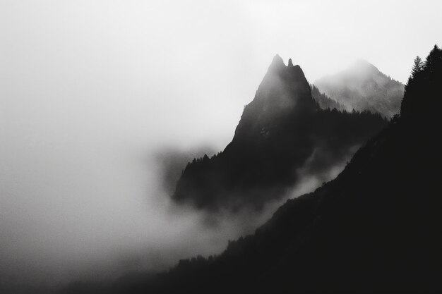 Serene black and white photo capturing the minimalist silhouette of a mountain shrouded in mist