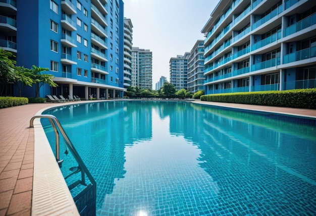 A serene blue swimming pool with the reflection of a condominium building shimmering on its surface