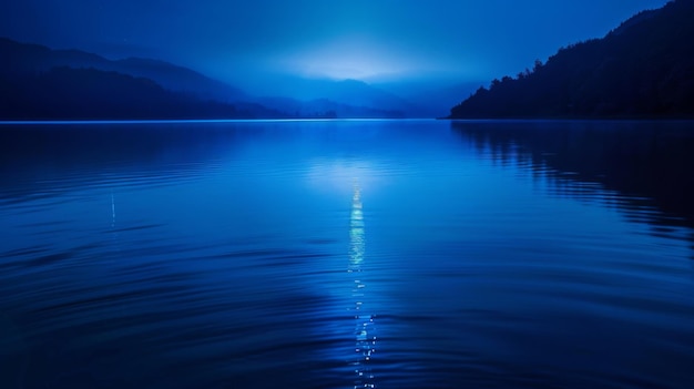 Serene blue water reflecting a foggy night sky over a mountain range