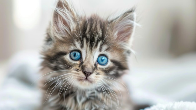 Photo serene blueeyed tabby kitten luxuriating on a fluffy white haven generative ai