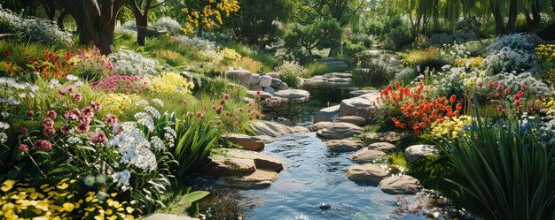 Photo a serene botanical garden in spring background with diverse flora gentle streams and the textures