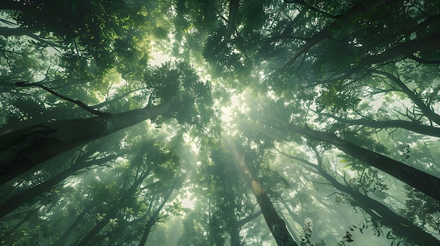 Serene Bottom View of Tall Trees in a Lush Forest with Sunlight Filtering Through Leaves