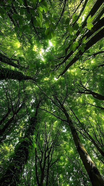 Serene Bottom View of Tall Trees in a Lush Forest with Sunlight Filtering Through Leaves