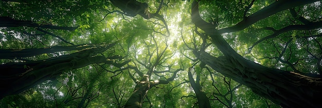 Serene Bottom View of Tall Trees in a Lush Forest with Sunlight Filtering Through Leaves