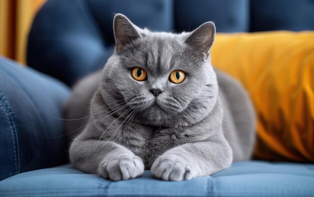 Photo serene british shorthair cat on blue couch