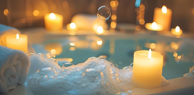 Serene bubble bath with glowing candles and warm ambiance