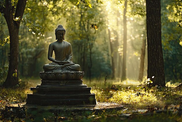 A Serene Buddha Statue Bathed in Golden Light Enveloped by the Tranquility of a Lush Forest