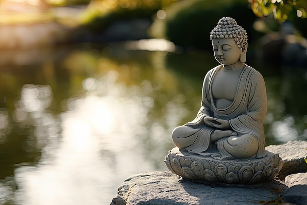 A serene Buddha statue finds peace amidst a tranquil pond bathed in the warm glow of the setting sun Zen Tranquility Meditation