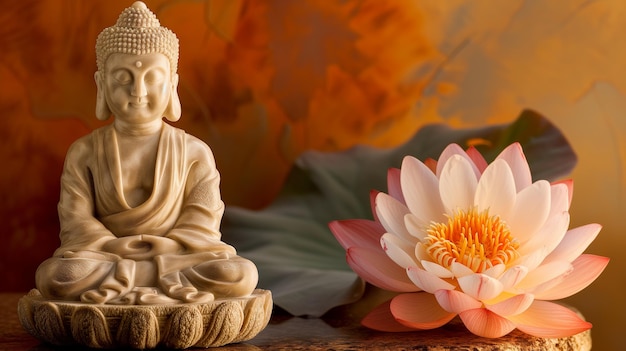 A serene Buddha statue meditating beside a vibrant lotus flower symbolizing purity and spiritual gr