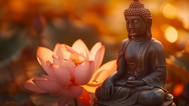 A serene Buddha statue meditating beside a vibrant lotus flower symbolizing purity and spiritual gr