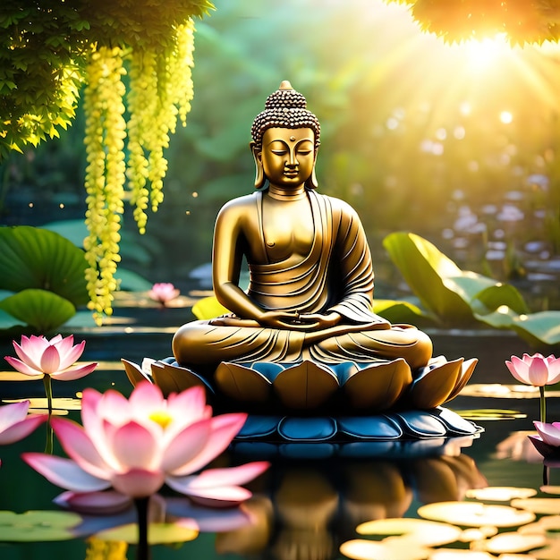 Serene Buddha Statue Meditating in Lush Pond Garden with Cascading Waterfall