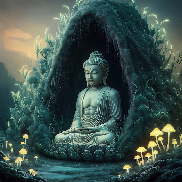 a serene Buddha statue nestled within a mystical forest