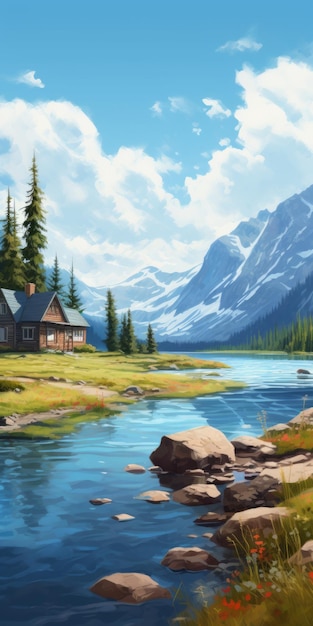 Serene Cabin By The Blue Lake Painting Style Landscape