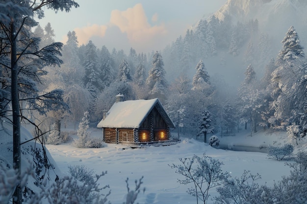 Serene cabin nestled in a snowy forest