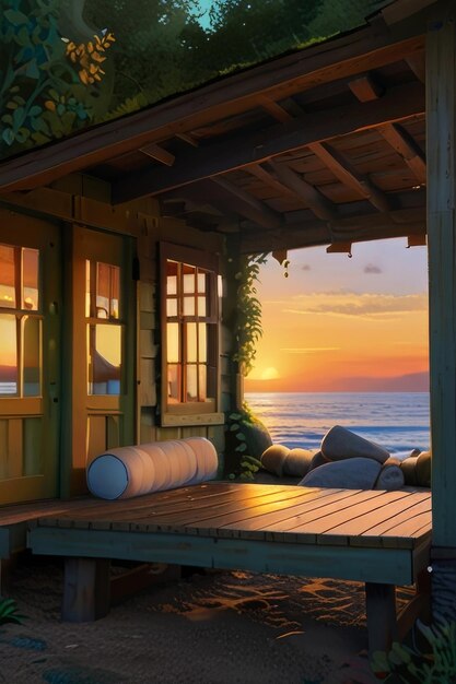 A serene cabin in summer by the beach rendered in warm vibrant oil paints radiates