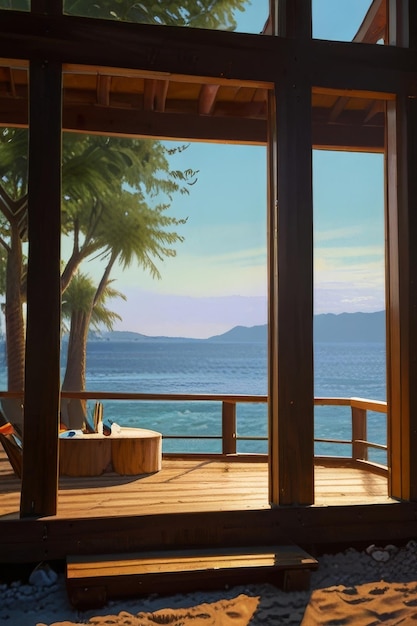 A serene cabin in summer by the beach rendered in warm vibrant oil paints radiates