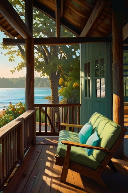 A serene cabin in summer by the beach rendered in warm vibrant oil paints radiates