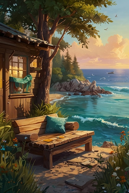 A serene cabin in summer by the beach rendered in warm vibrant oil paints radiates