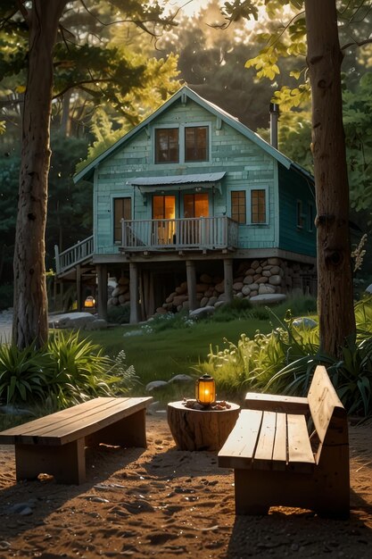 A serene cabin in summer by the beach rendered in warm vibrant oil paints radiates