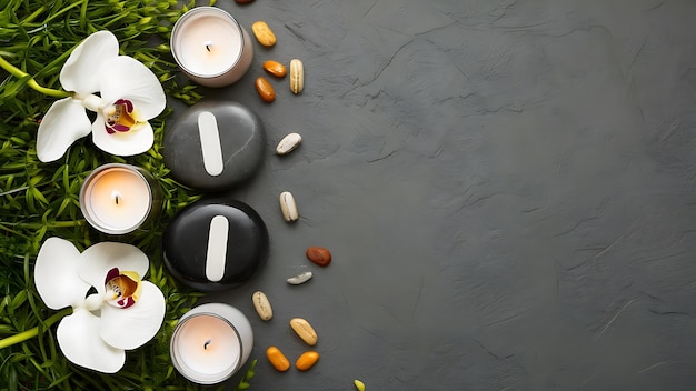 A serene and calming scene featuring a carefully arranged composition of zen stones burning candles