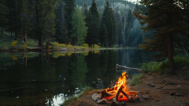 Photo a serene campfire by a tranquil lakeside in a forest enhancing the calm natural beauty and peace of wilderness camping surrounded by tall trees