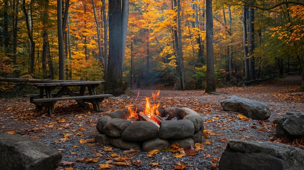 Serene campfire crackles amidst a backdrop of autumn trees inviting a moment of outdoor tranquility