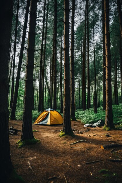 Photo serene camping spot in misty pine forest