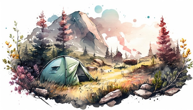 Serene camping trip in the mountains with watercolorlike textures and colors Generative AI