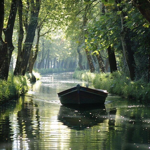 Photo serene canal cruise amidst lush greenery