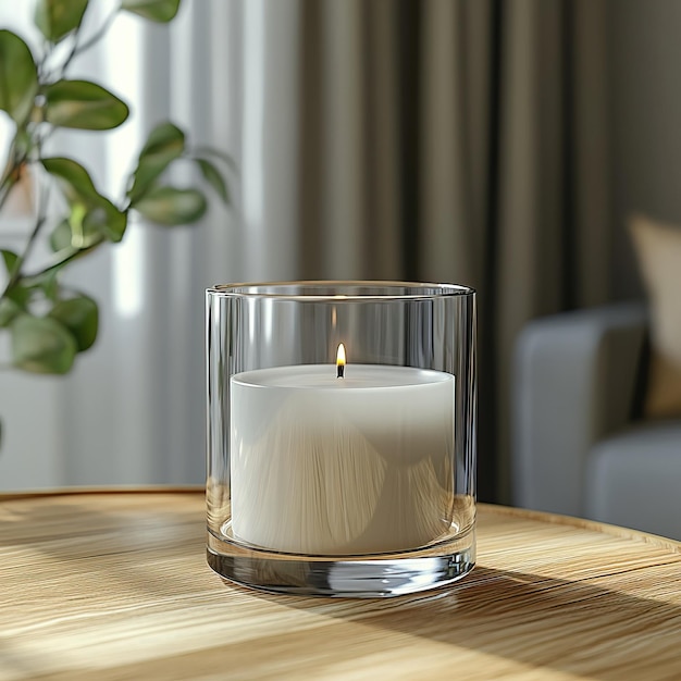 Photo a serene candle burns softly in a glass holder enhancing the cozy ambiance of a stylish interior surrounded by gentle colors and natural elements