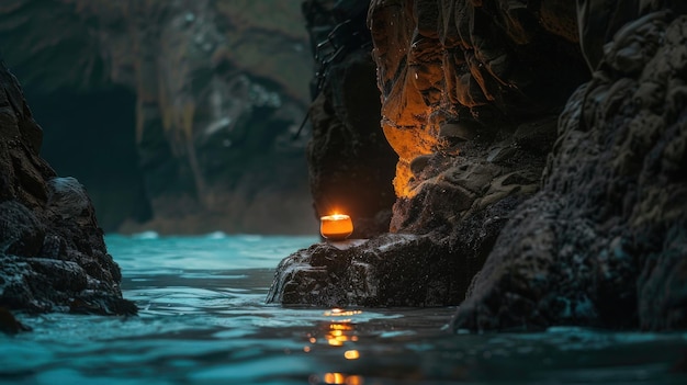 Photo a serene candlelight scene inside a rocky cave with water reflections and rugged textures