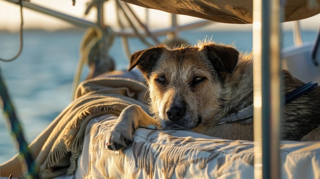 Serene Canine A Pooch Lounging on a Boat Amidst Tranquil Waters