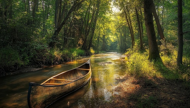 Photo a serene canoe rests in a tranquil forest stream illuminated by soft sunlight filtering through lush green trees