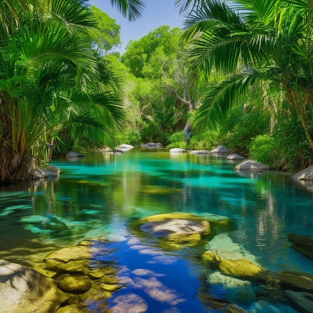 A serene and captivating photo of a pristine freshwater spring or pond where crystal clear water