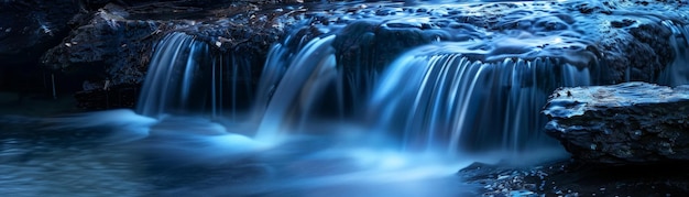 Photo a serene cascade of water flowing over smooth stones creating a tranquil blue ambiance in nature39s beautiful landscape