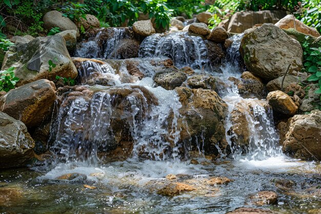 Serene Cascading Waterfall in Lush Green Forest Setting with Rocky Terrain